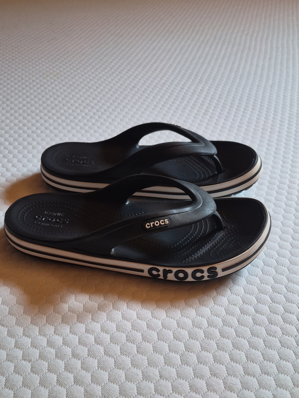 CROCS Black Flip Sandals with White Stripe Platform